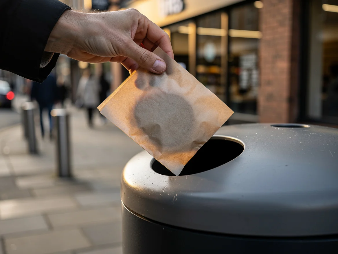 Customer dropping a folded greaseproof burger wrapper into a paper recycling bin outside a British fast food restaurant