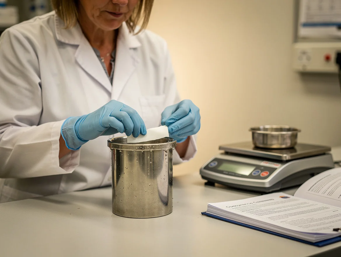 Lab technician performing a Cobb water absorption test on greaseproof paper at a UK quality control bench