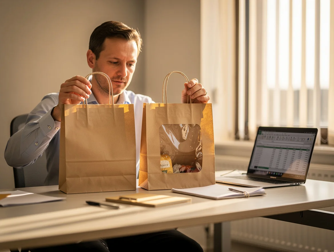 Procurement manager comparing two paper packaging samples side by side at an office desk with a laptop showing cost data