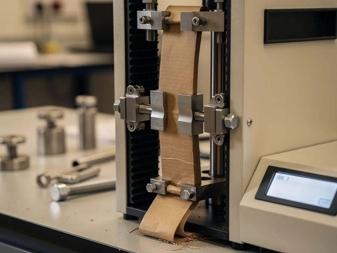 Tensile testing machine pulling a strip of kraft paper to failure with digital force readout