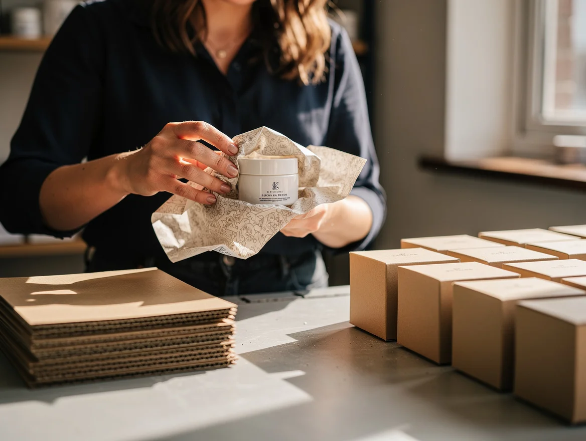 Packing operative wrapping a cream jar in patterned tissue at a UK cosmetics fulfilment bench