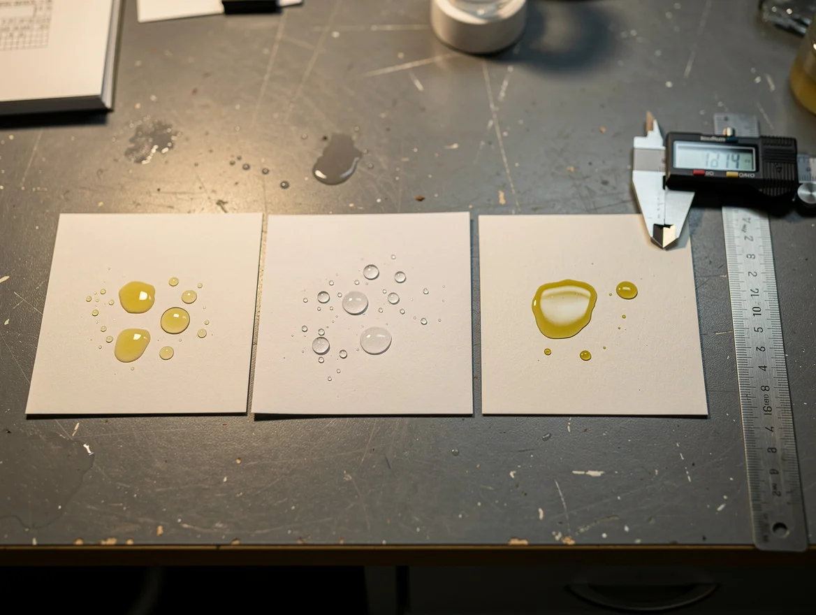 Four coated paper samples on an R&D workbench showing water and oil beading differently on paraffin, soy wax, aqueous and silicone surfaces