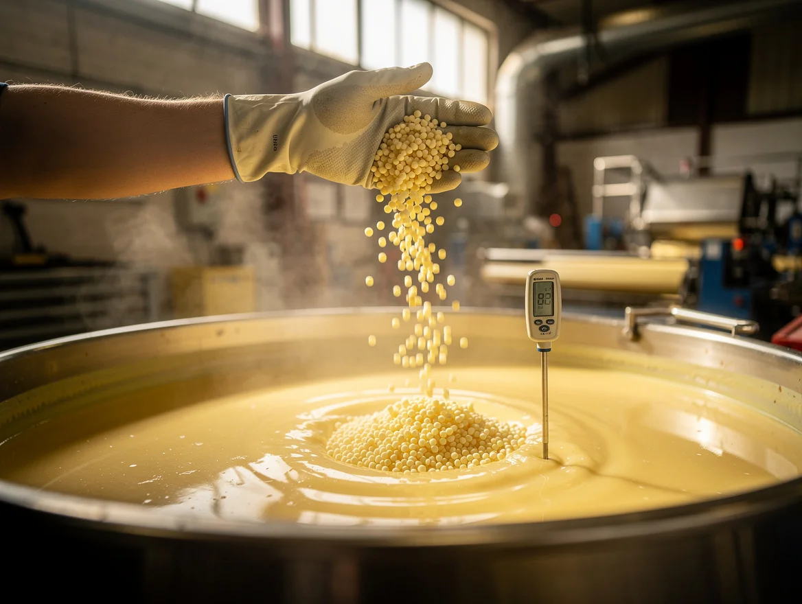 Gloved hand scooping paraffin wax pellets into a heated coating reservoir