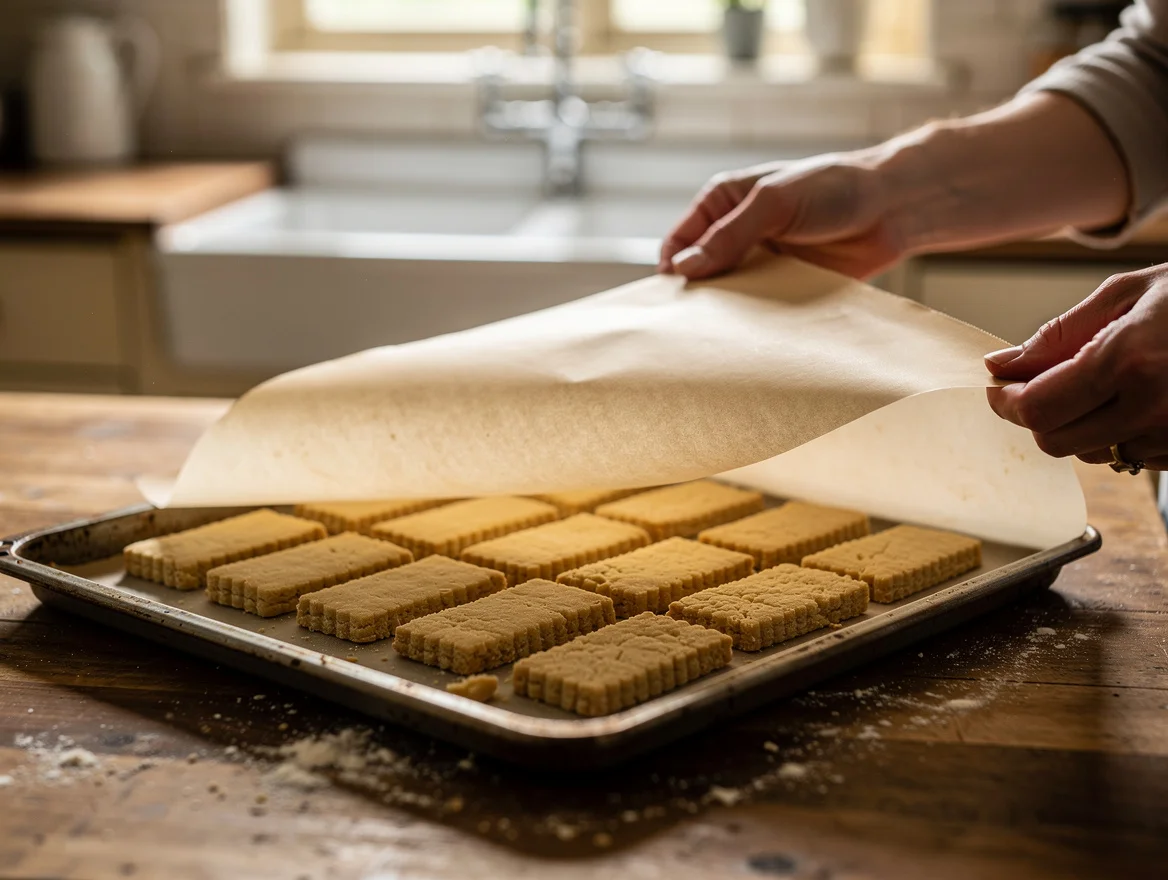Hands lifting silicone-coated baking parchment to reveal golden shortbread biscuits releasing cleanly