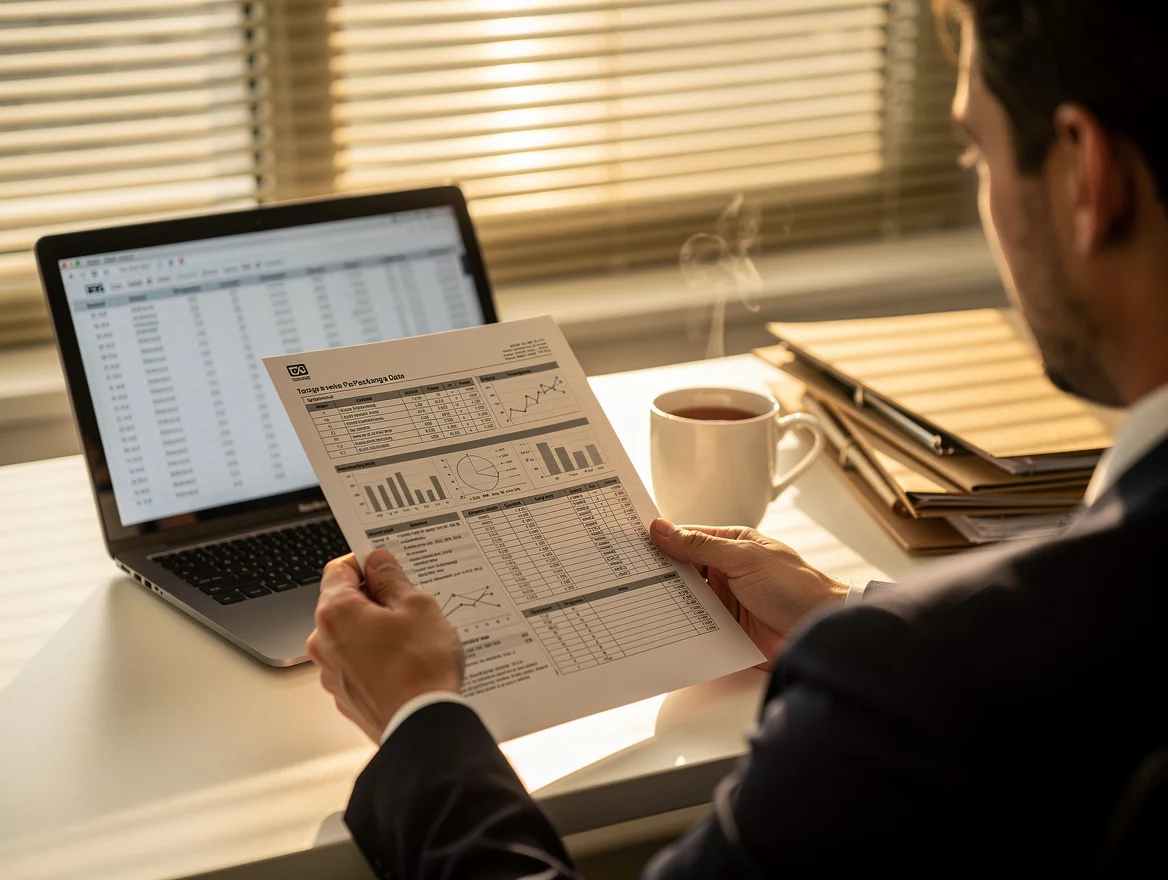 Compliance officer reviewing a printed packaging tonnage report at a desk beside a laptop and folders in a UK office