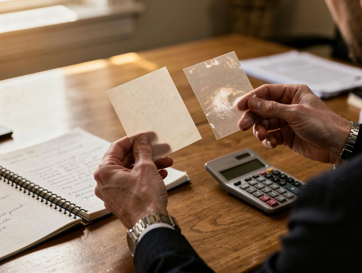 Hands comparing a plain greaseproof paper swatch and a waxed paper swatch on a meeting table beside a notebook and calculator