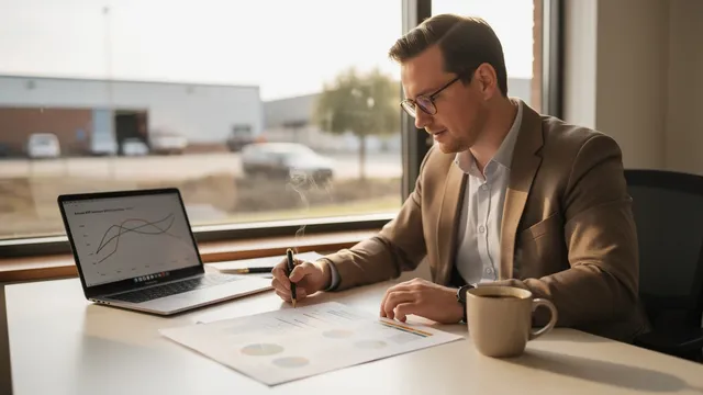 Sustainability analyst at a desk reviewing a printed KPI dashboard with charts beside a laptop, industrial estate visible through window