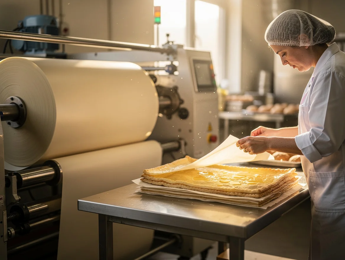 Silicone release liner unwinding beside a baker peeling greaseproof from pastry