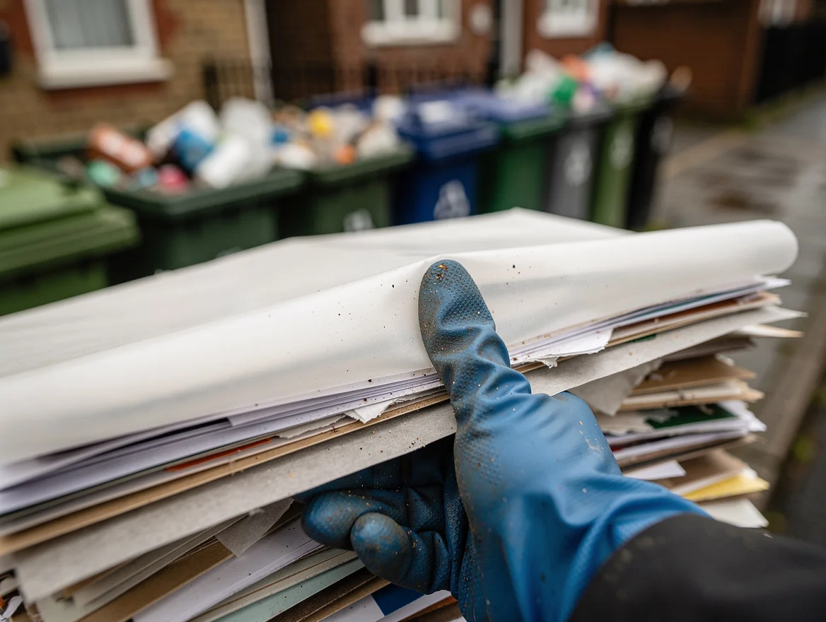 Sorter's gloved hand separating greaseproof from parchment paper at a UK recycling point