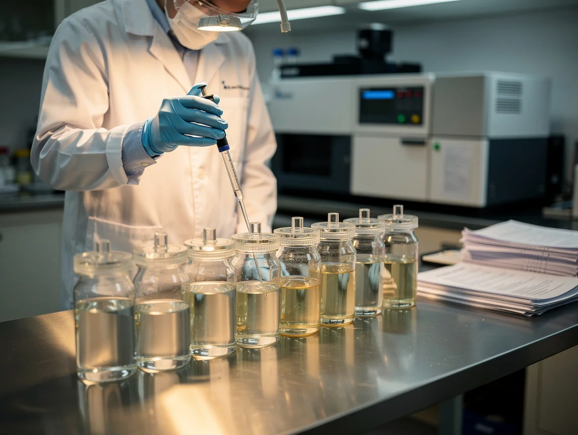 Lab technician pipetting food simulant into sealed migration test cells