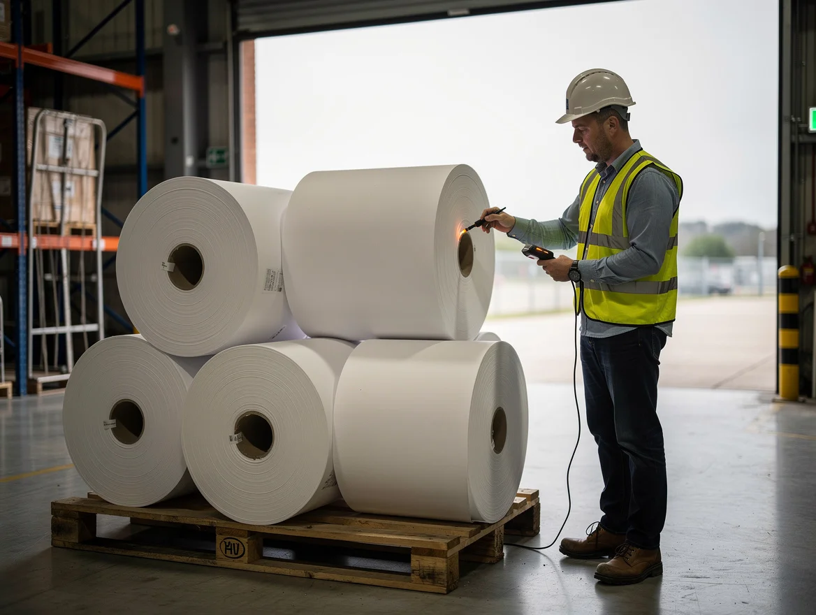 Goods-in operator scanning and probing a parent paper reel at a UK receiving bay