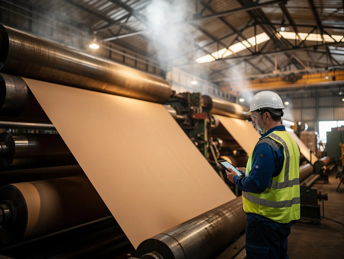 Operator in hi-vis vest monitoring a continuous web of kraft paper running between drying rollers in a paper mill