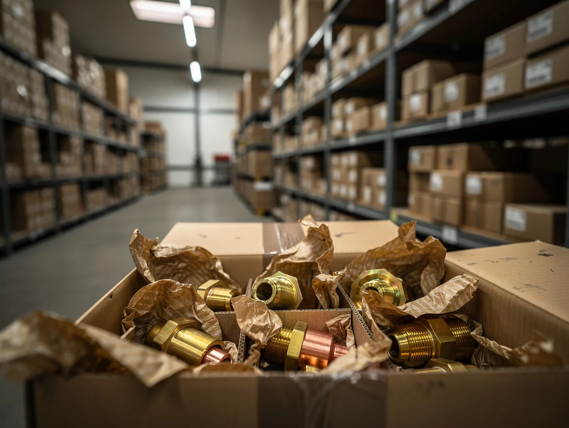 Open warehouse box showing brass and copper fittings wrapped in brown VCI paper