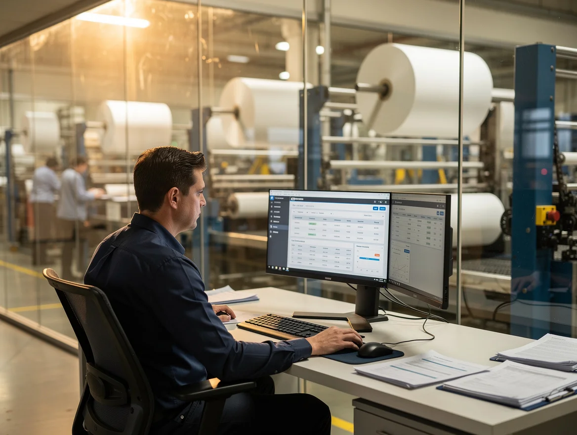 Quality manager reviewing digital traceability records in a glass-walled production office