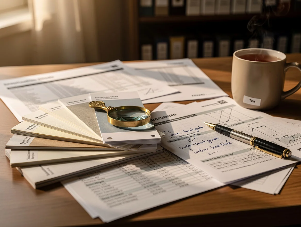 Paper sample swatch book and spec sheets on a buyer's desk with brass loupe