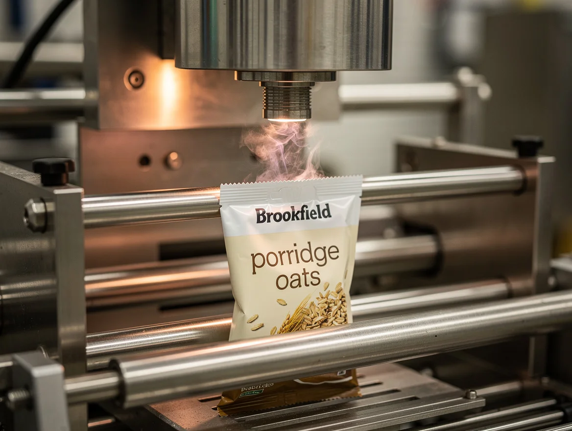 Heat-seal jaw closing a Brookfield porridge oats sachet on a UK form-fill-seal line