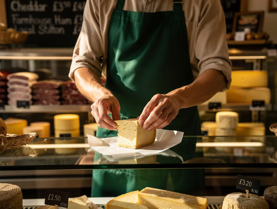 Farm shop server wrapping a slice of cheddar in white greaseproof paper at the deli counter