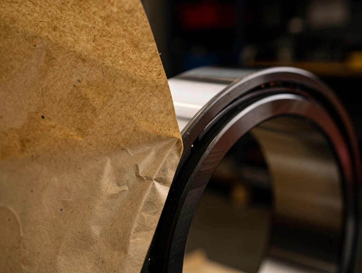 Macro close-up of brown VCI kraft paper peeling away from a polished steel bearing race