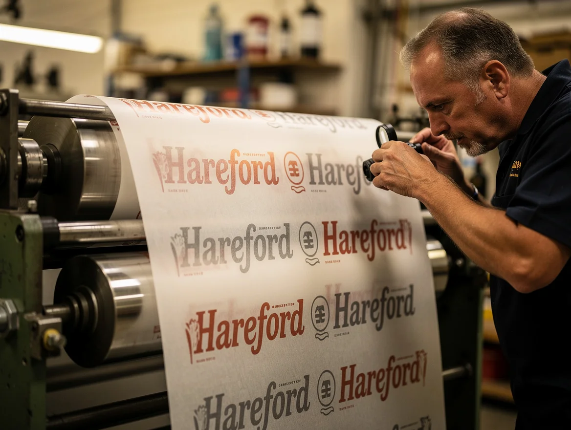 Printer checking colour registration on a flexographic press running printed greaseproof burger wrap
