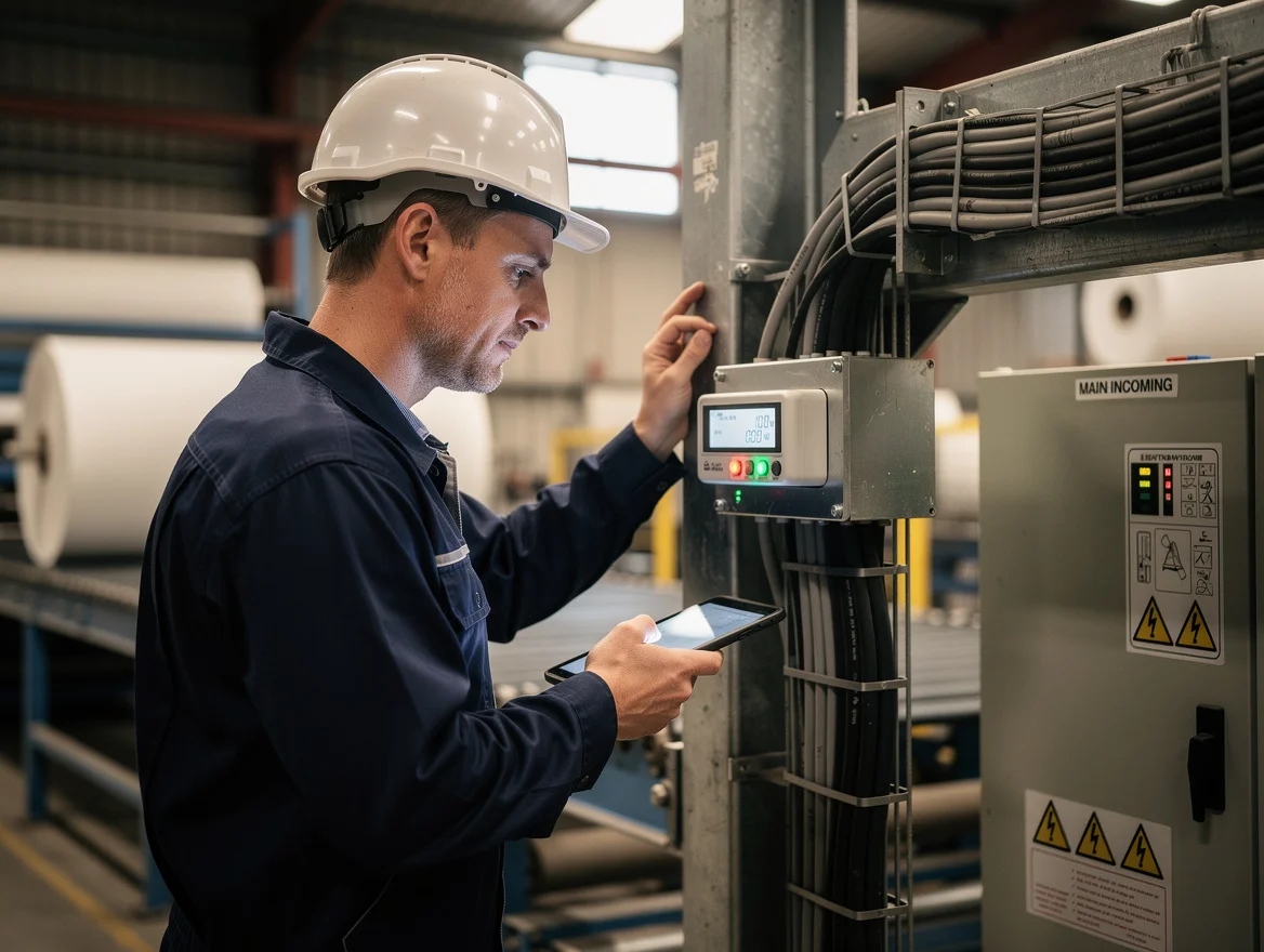 Maintenance engineer reading a digital sub-meter on a steel frame beside switchgear in a UK paper converting facility