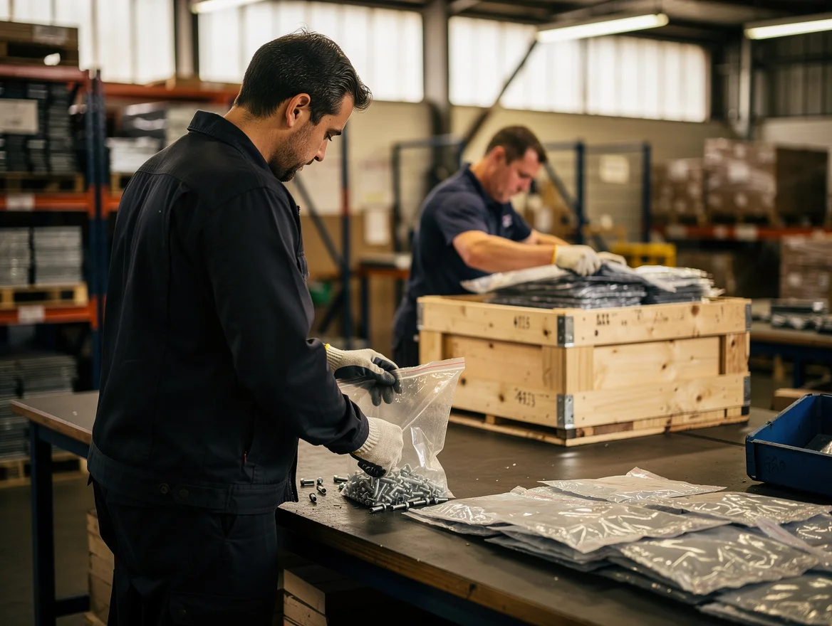Despatch workers bagging fasteners and interleaving stampings with VCI paper
