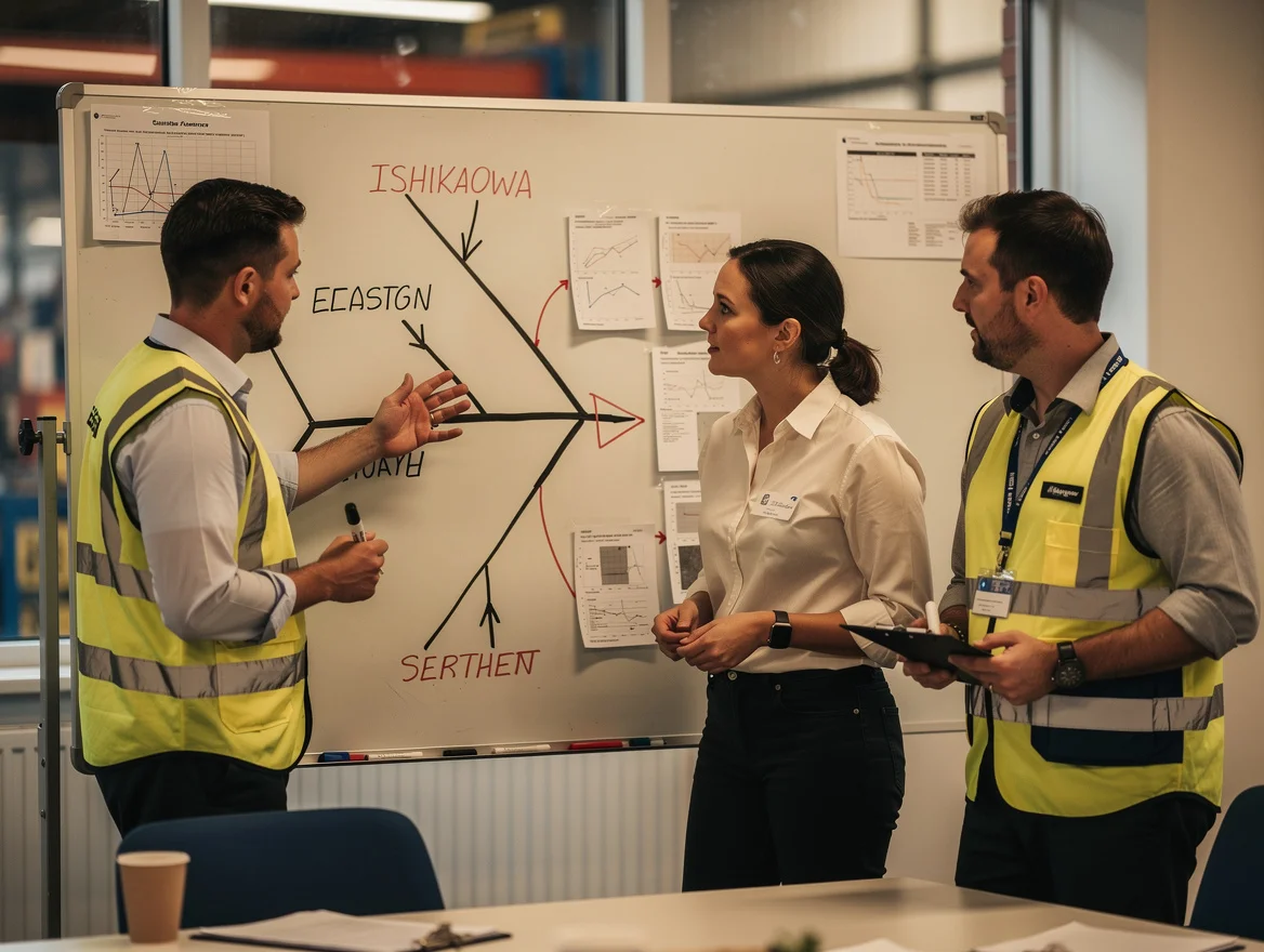 Engineers analysing a fishbone diagram on a whiteboard during a root cause investigation