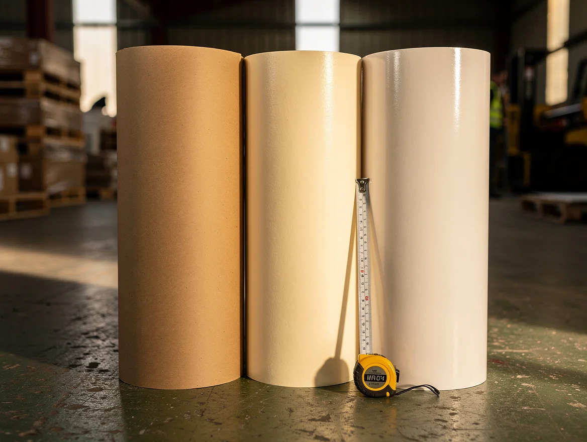 Three different paper rolls standing upright on a UK workshop floor showing variation in surface coating sheen