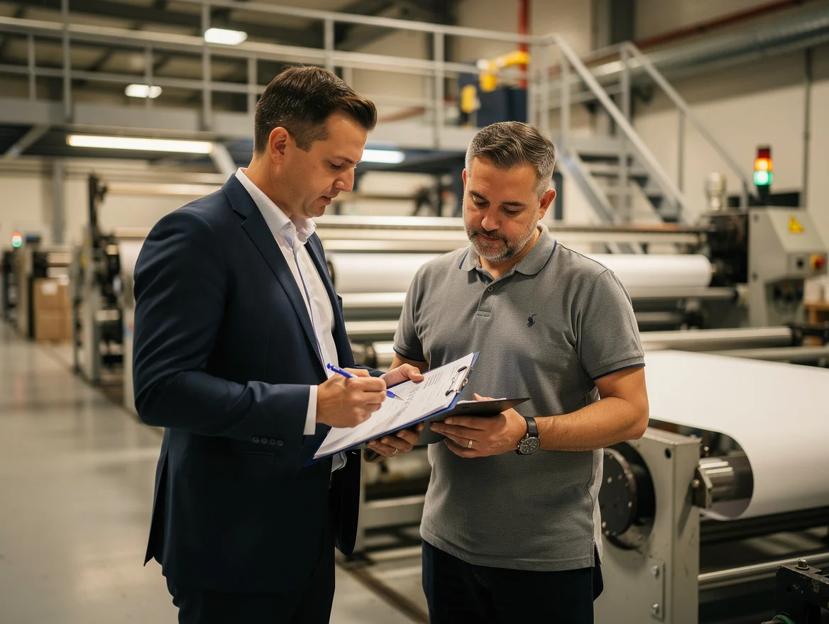 External BRCGS auditor reviewing documentation with production manager at a paper converting facility