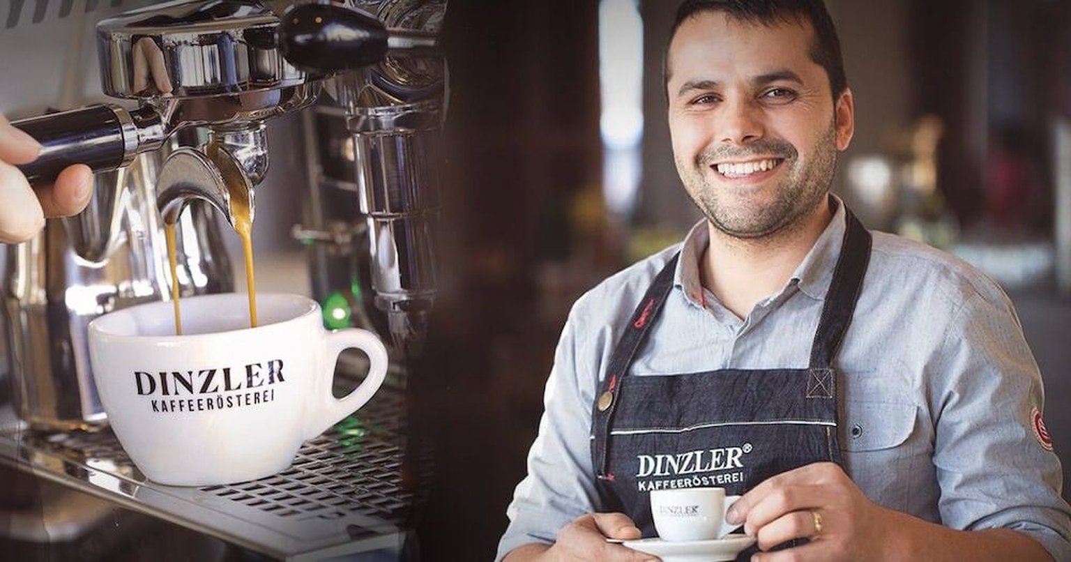Dinzler coffee roastery with roast master and cappuccino