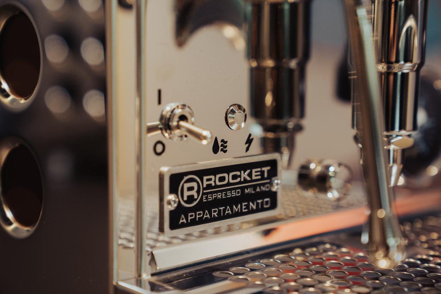 Rocket Espresso machine in polished stainless steel.