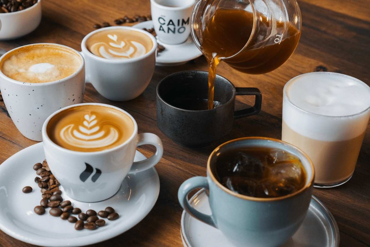 different coffee cups with different coffee recipes