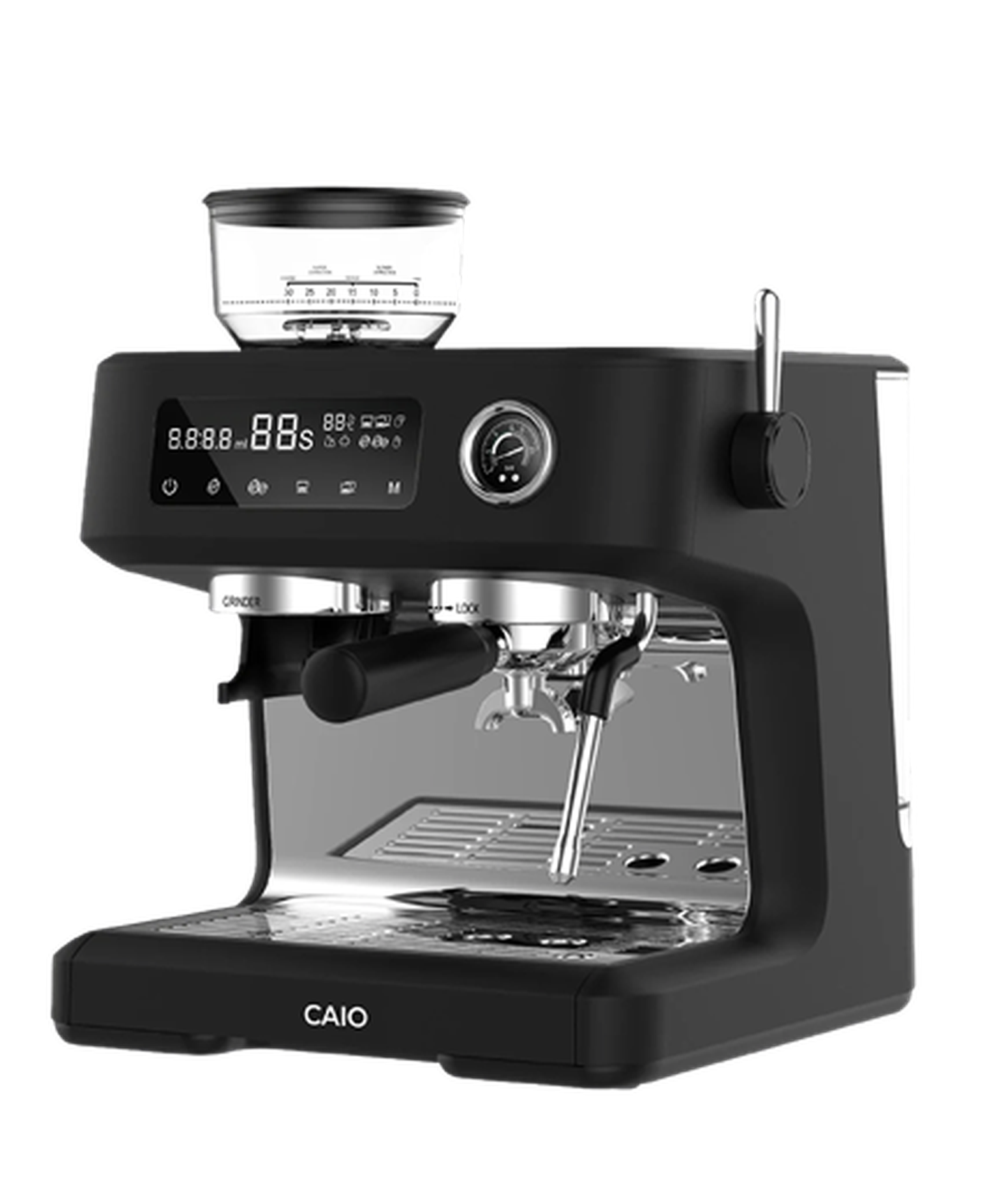 CAIO black espresso machine with integrated grinder, digital display, pressure gauge, and steam wand for home coffee brewing.