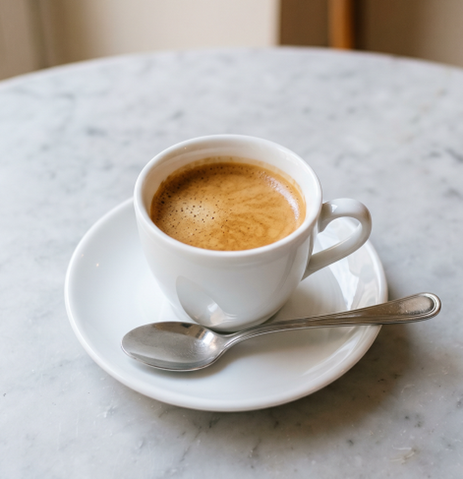 Perfect espresso with rich crema in a white cup and saucer, with a spoon, on a marble table.