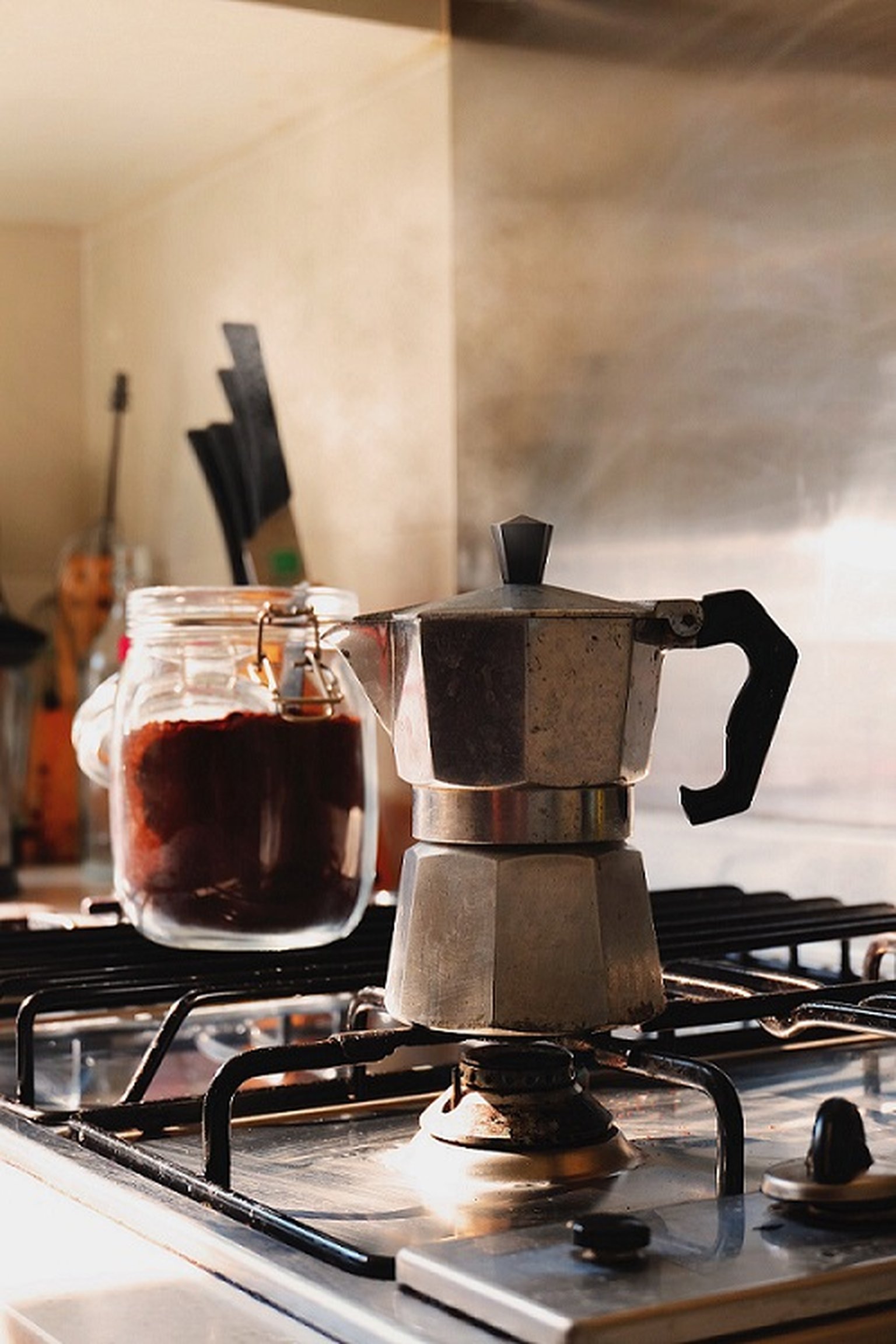 Coffee powder and moka pot preparation.