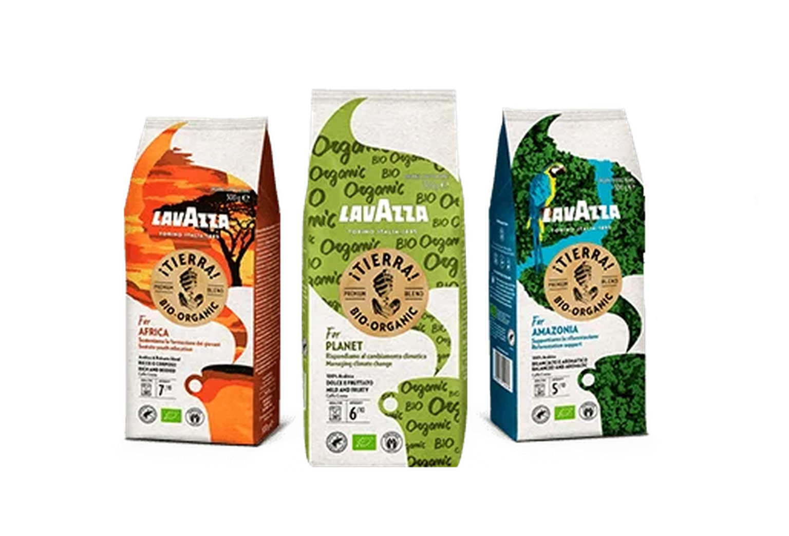 Lavazza Tierra coffee range with different coffee packages