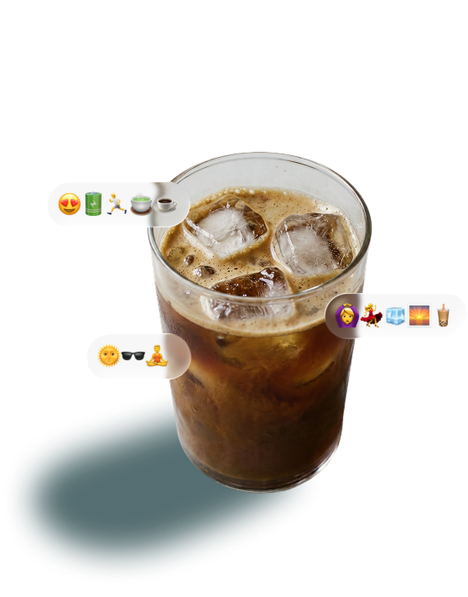 Glass of iced coffee with floating ice cubes and text bubbles in German, highlighting offers and inspiration.
