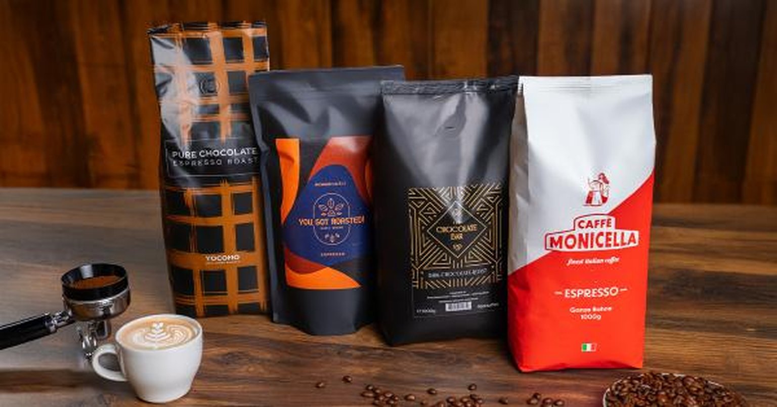 Coffee beans and brewed coffee with rich chocolate notes.