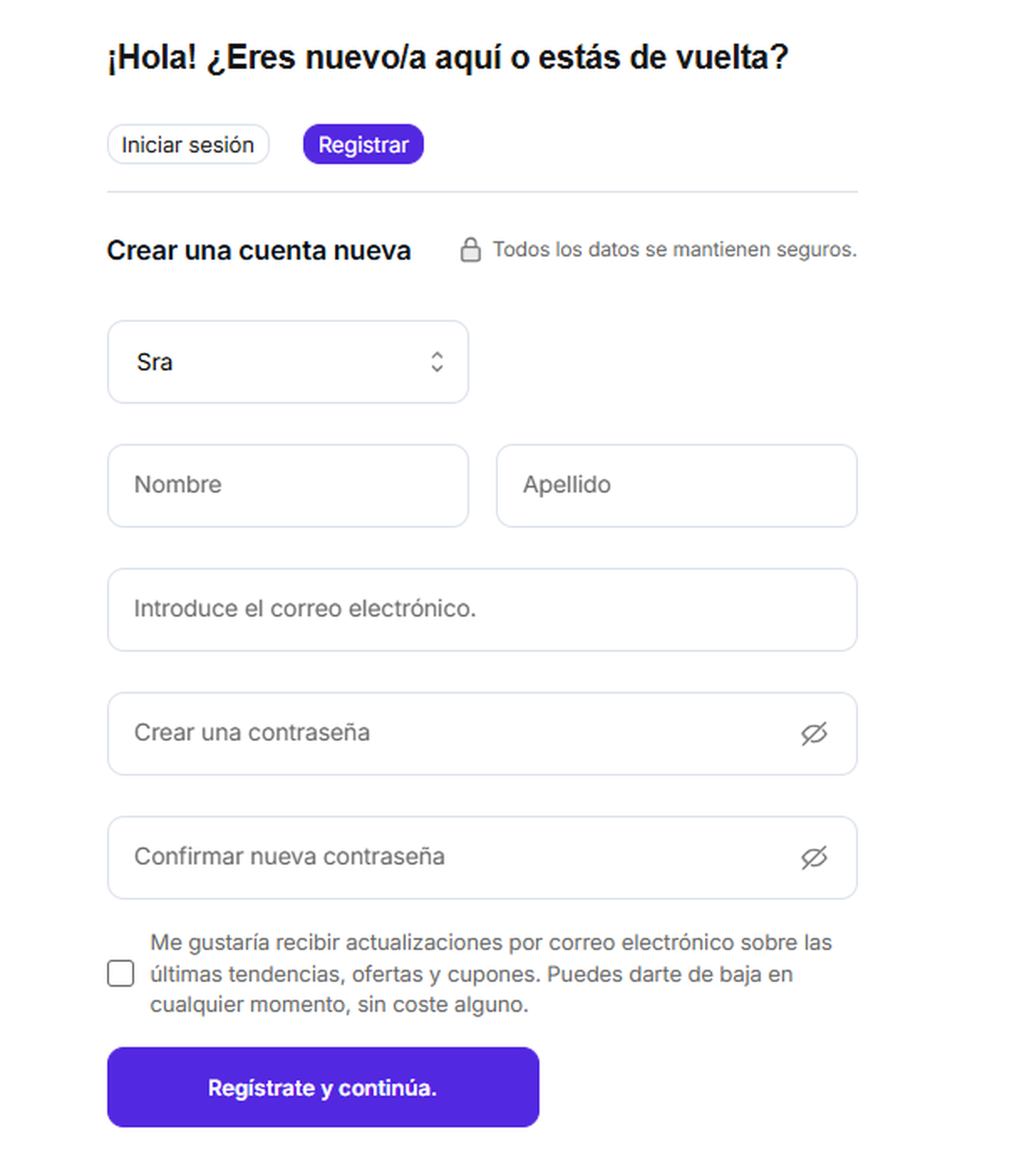 Screenshot of registration page