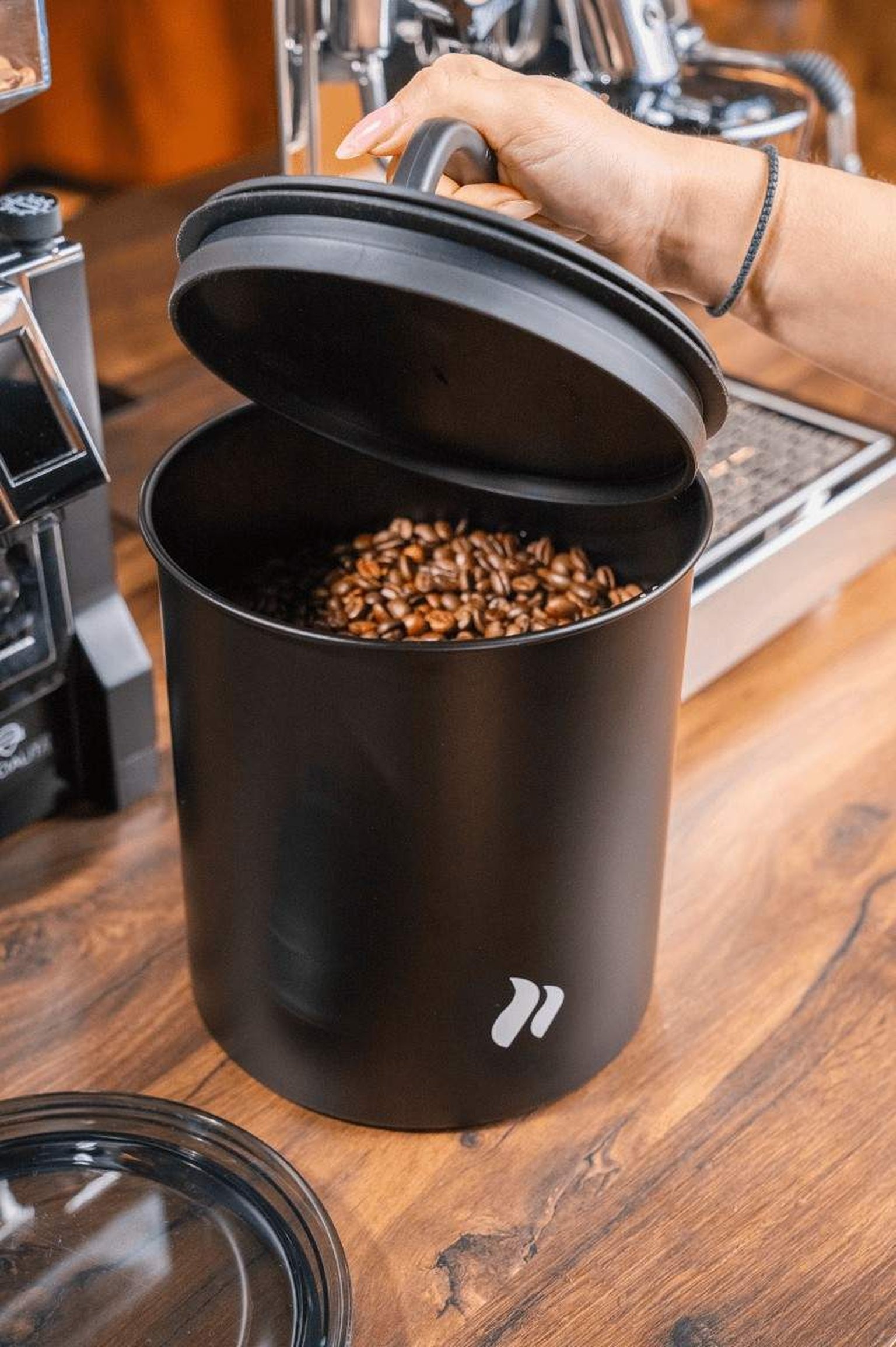 Coffee canister for airtight coffee bean storage.