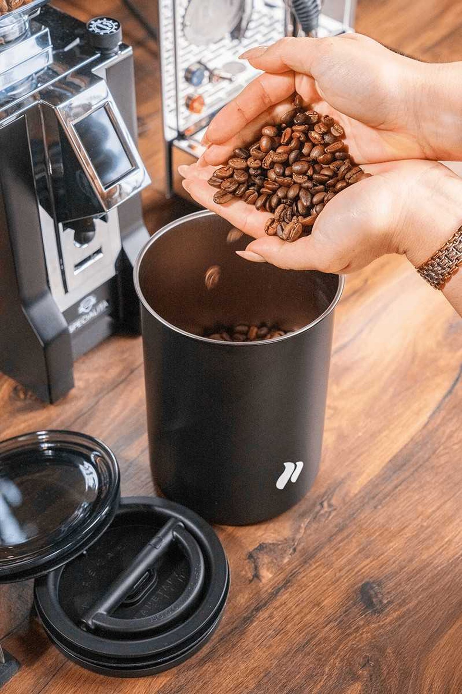 Coffee canister for airtight coffee bean storage.