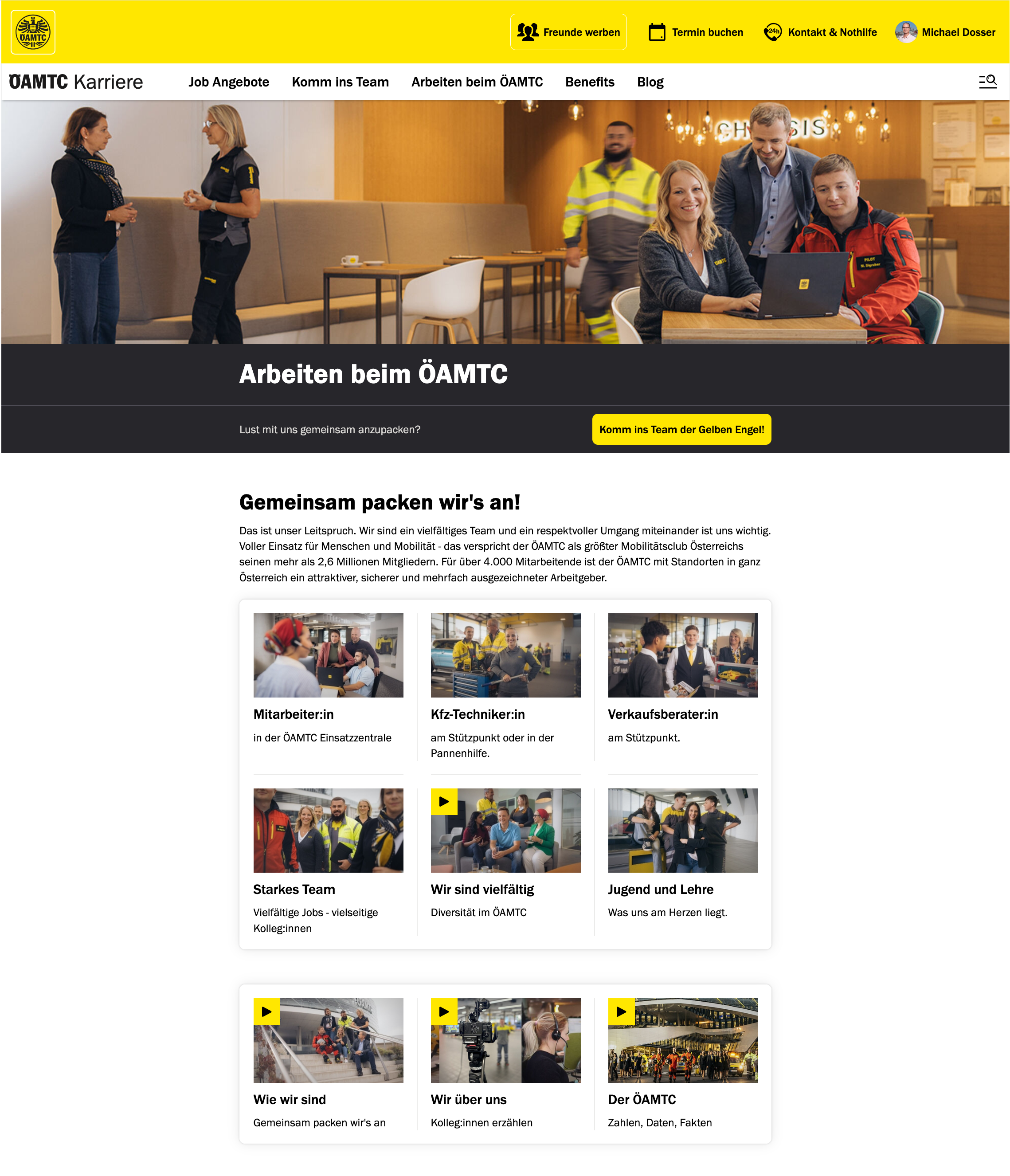 Karriereseite des ÖAMTC mit Jobangeboten und Teamfotos. Einladende Bannertexte und Navigation zu Benefits und Blog.