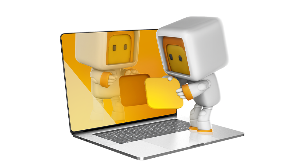 STRG.develop Hero — Laptop mit Maskottchen