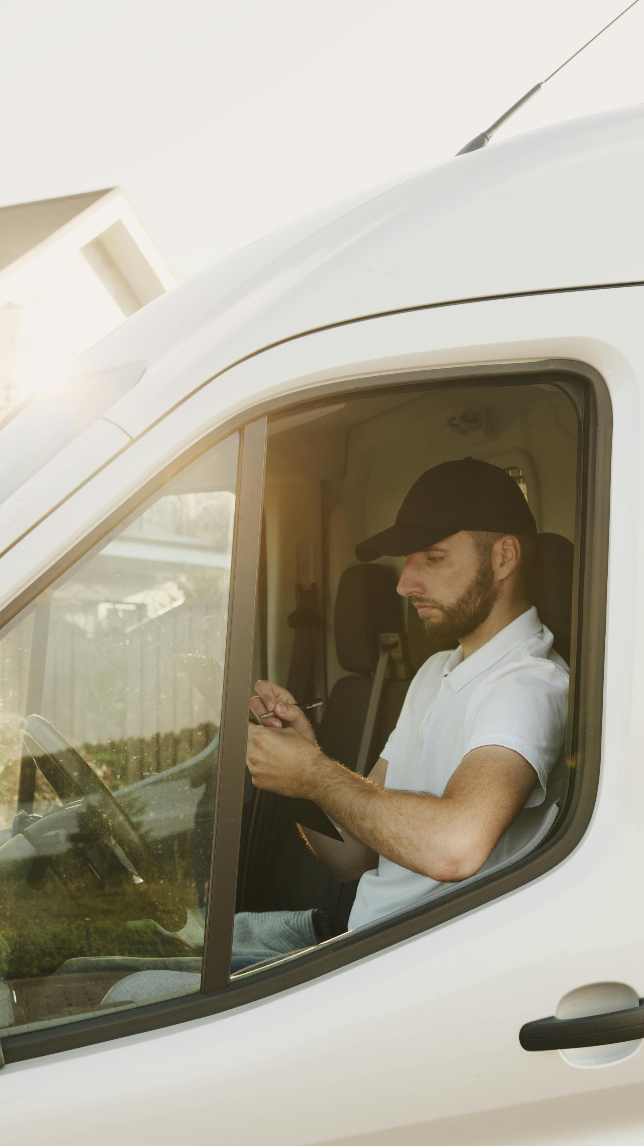 Man in a white van, wearing a black cap, holding a smartphone. Sunlight streams through the window, illuminating the scene.