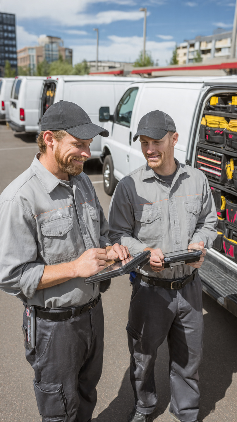Two HVAC technicians in uniform check route optimization maps on tablets beside company service vans with toolbags ready for multiple service calls.