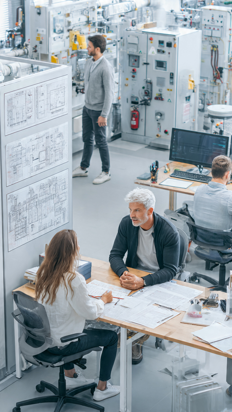 HVAC business owner interviews a new technician candidate while a senior tech mentors a trainee on equipment in the background, with training checklist and org chart visible on the office wall.