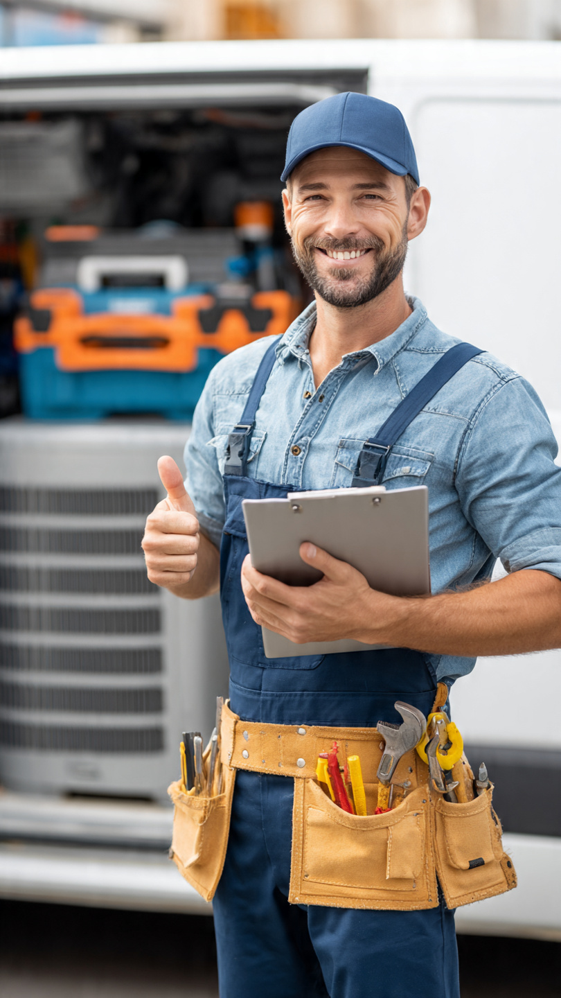 `HVAC technician completing AC repair on first visit with checklist and happy homeowner, stocked service van in background showing high first-time fix rate`