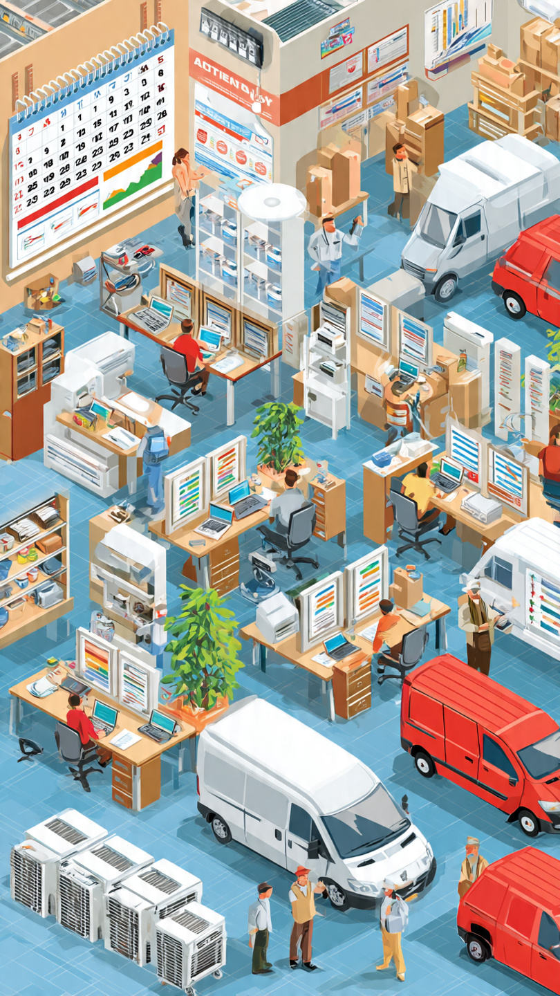 `Isometric illustration of busy HVAC company operations during peak season showing dispatchers at computers, technicians, service vans, AC unit inventory, wall calendar with demand charts, and warehouse staff coordinating service calls`