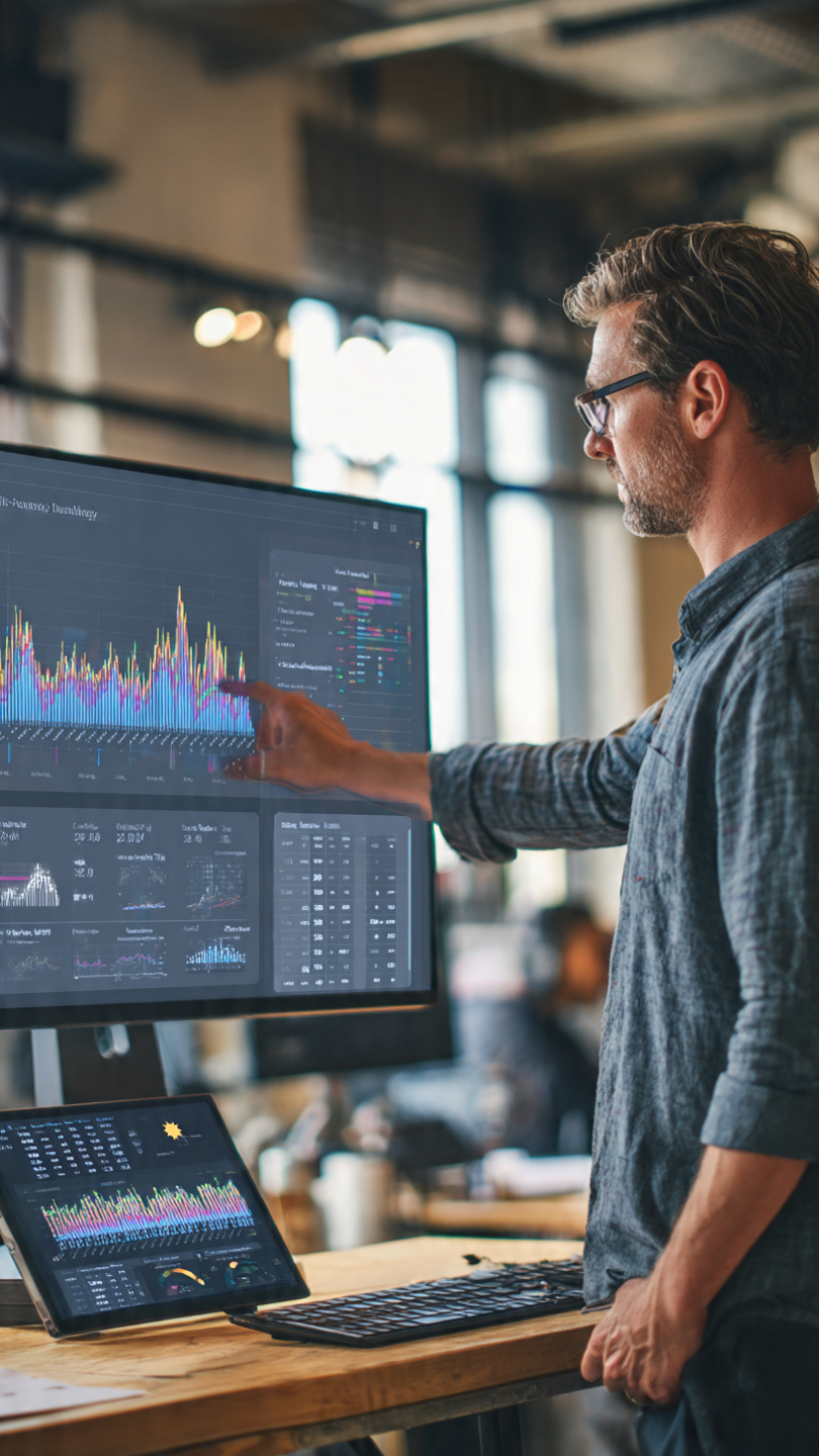 HVAC analyst points to seasonal demand graph on monitor showing summer and winter service spikes, with wall calendar, weather forecast tablet, and historical service data on desk.
