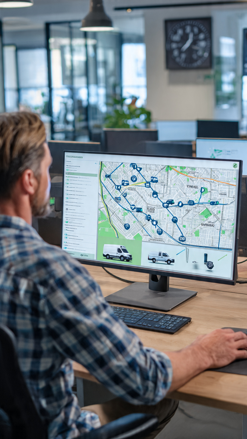 `HVAC dispatcher analyzing route optimization software on computer screen showing GPS map with efficient service call routes to reduce technician travel time`
