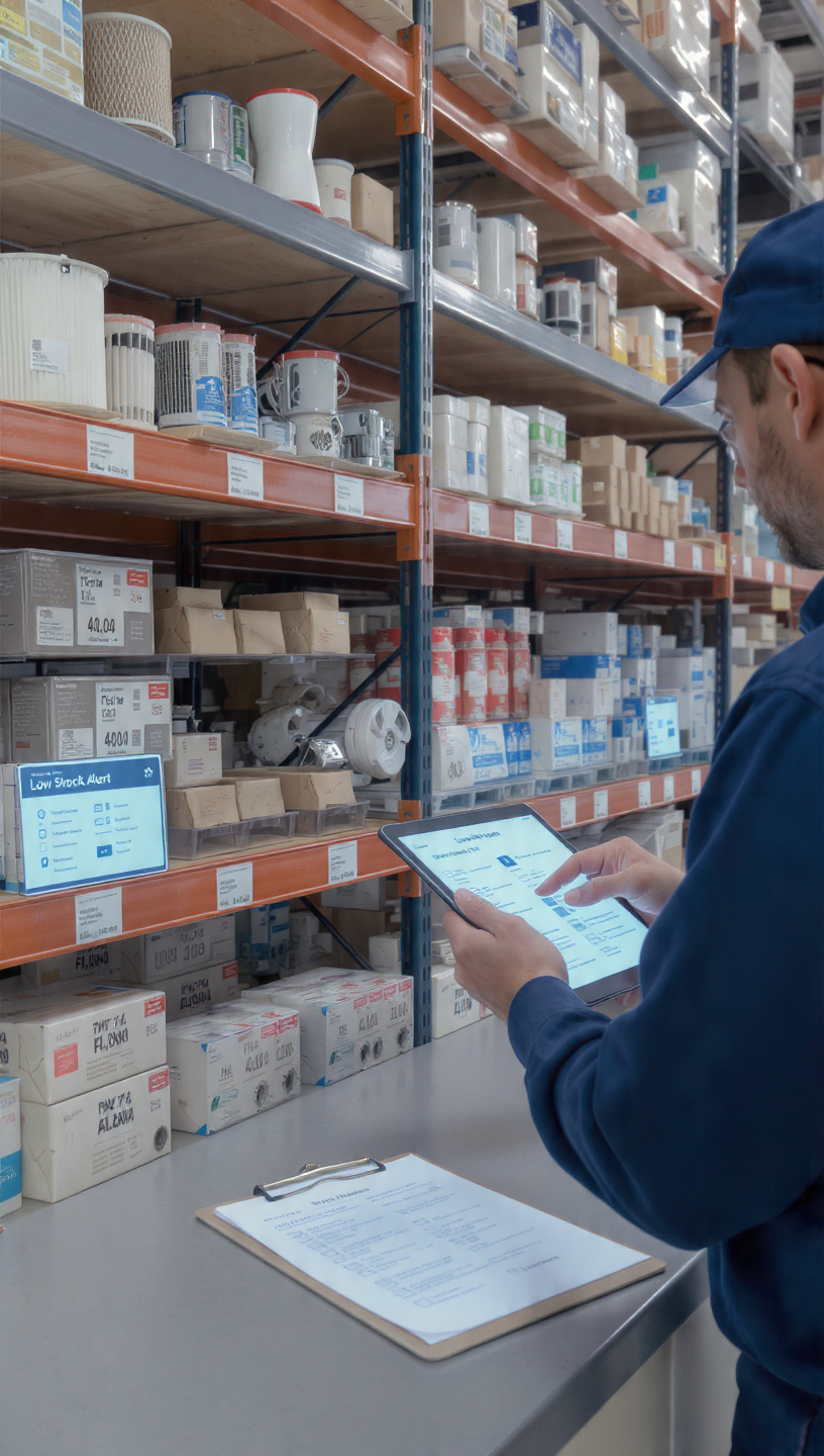 An HVAC technician uses a tablet to scan a barcode on an organized parts bin in a warehouse, with labeled shelves of filters and components in the background and a digital inventory dashboard showing a low stock alert.
